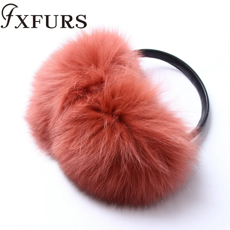 orange red FXFURS новые модные милые объемные наушники из лисьего меха теплые меховые наушники из натурального меха с кожаной полкой для женщин защита для ушей зима - Цвет: orange red