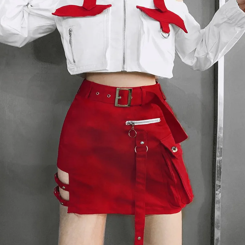 Готическая мини-юбка женская распродажа, летняя, на молнии, с пряжкой, с вырезами, высокая талия, крутая, уличная, короткая, модная, женские юбки - Цвет: Red