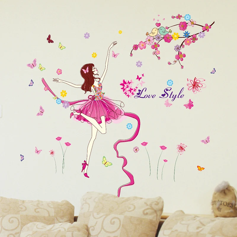 [Shijuekongjian] балетная танцовщица, наклейка на стену, мультяшная девушка, танцующая Эльфийская фея, Настенный декор для детской комнаты, украшение для детской спальни