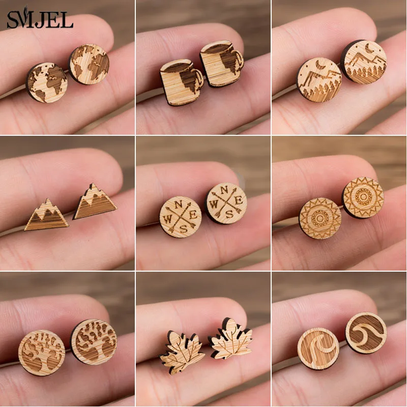 SMJEL ручная выделка Цвет: листья, серьги со шпилькой, для Для женщин Boho горный компас волна Чай деревянный ювелирные аксессуары ‒ серёжки подарки