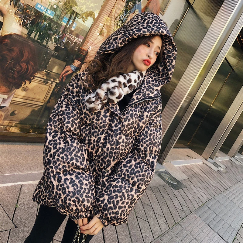 

2019 Women's Winter Down Jackets hooded Long Sleeve overaize Jacket Female Fashion Clothes Tide Leopard coat with belt YRF57