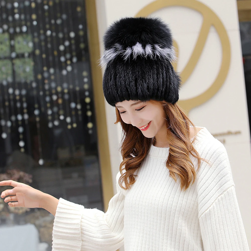 New Arrivals Women Knitted Mink Hair Cap Winter Hat Headwear Thick Warm Earmuffs Hats Elastic Adjustable Large Hair Ball