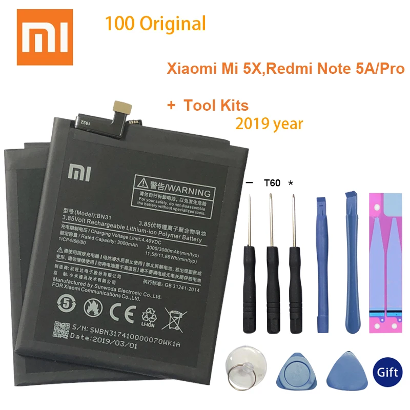 

Xiao Mi Original Phone Battery BN31 for Xiaomi Mi 5X Mi5X Redmi Note 5A / Pro Mi A1 Redmi Y1 Lite S2 3000mAh Batteries + Tools