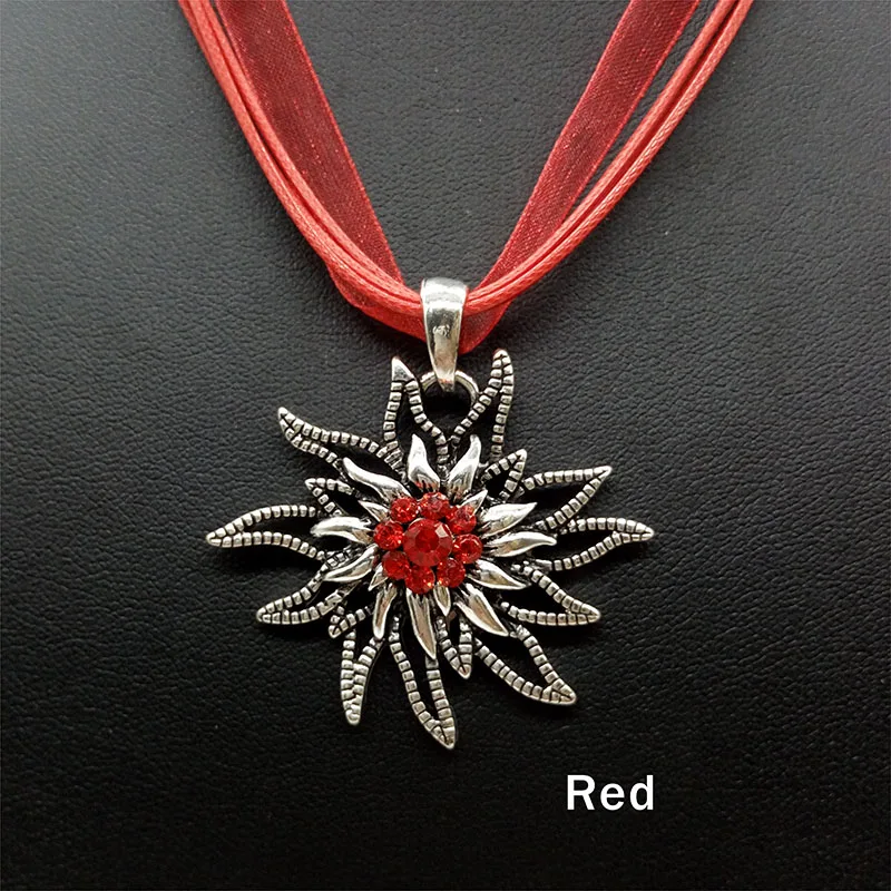 Vintage Edelweiss Halskette Mehrfarbiges Strassband Seil Blumen Anhänger Mode Traditionelles Dirndl Kostüm Deutscher Schmuck – Detail 4