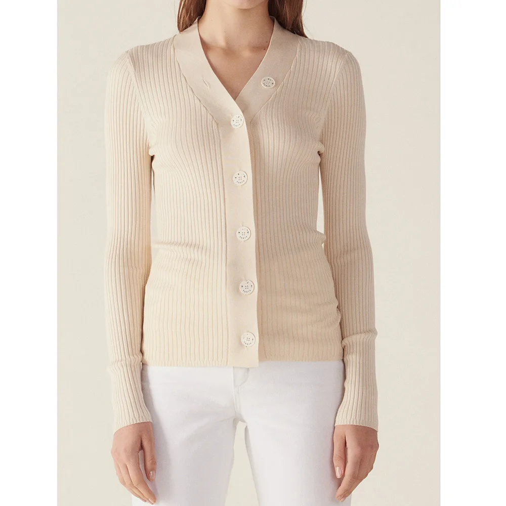 

Elfbop Cotton Blend Light Apricot V Neck Knitting Long Sleeve Cardigan Sweater Top - F/W 2019 Latest Knitting Top