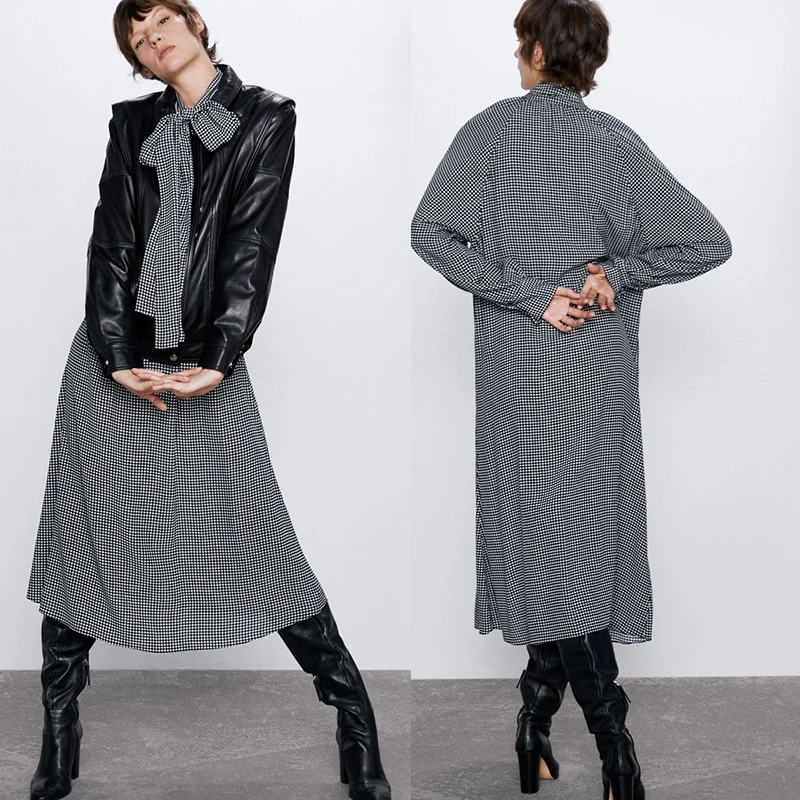 

2019 Autumn Fashion ZA Dresses for Women Plaid Small Pleated Full Sleeve Midi Dress Trendy Party Vintage Lace Up Bow Maxi Dress