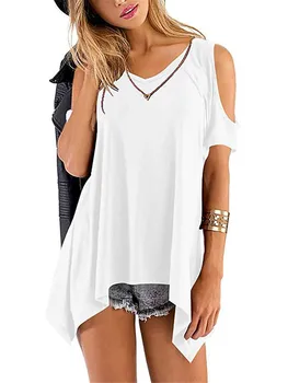 

Women Shoulder Irrgular Tops Tee Summer Women Casual Loose V-Neck T Shirt Ladies Solid Color Short Sleeve T Shirts