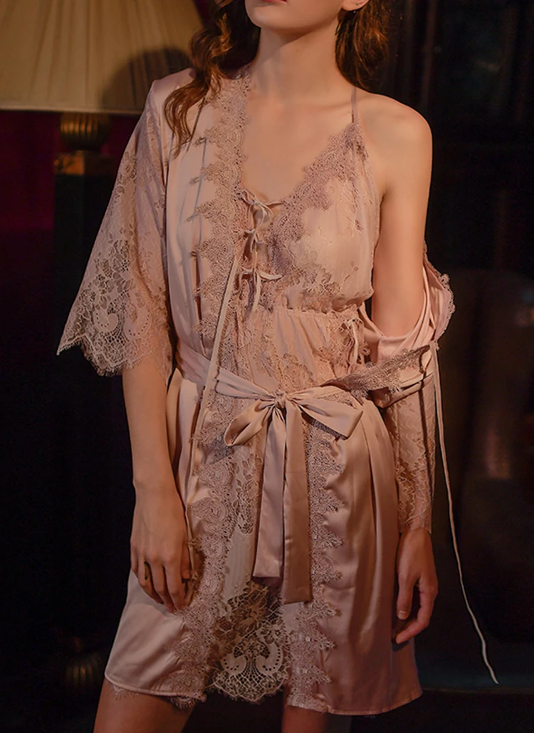 CINOON Sexy Lace Women Sleepwear Sets sleeveless backless Embroidery  Sleepshirt &Robe Adjustable Shoulder Strap Nightdress (3)