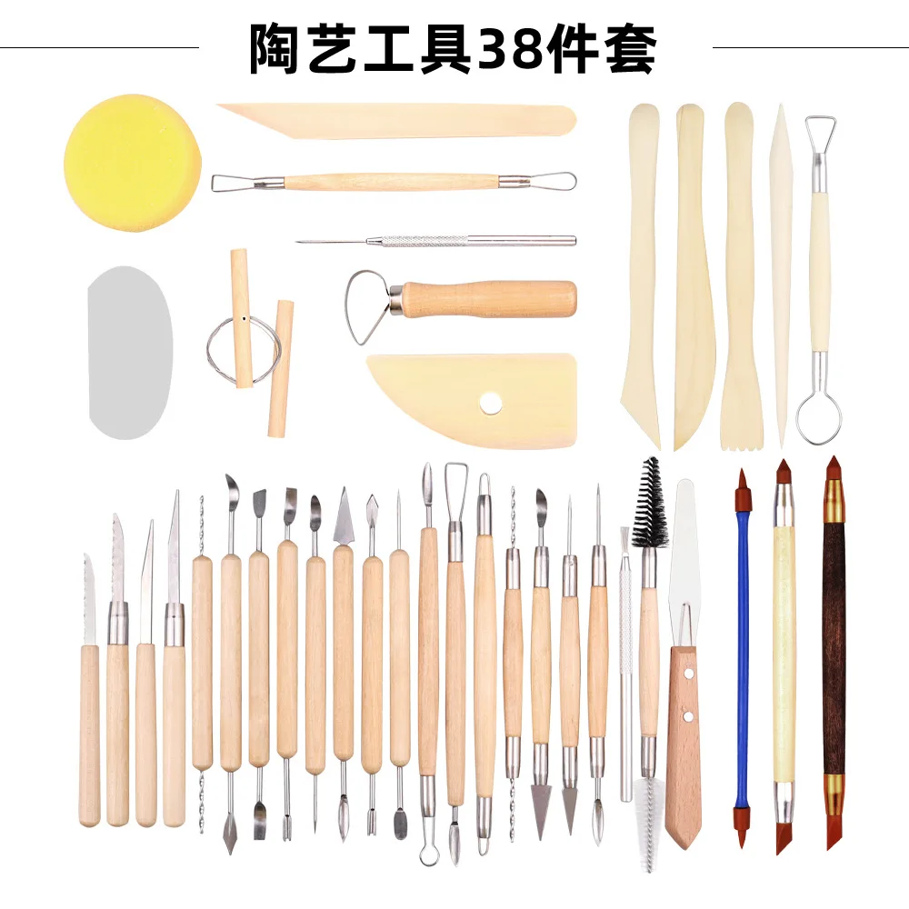 iplusmile 38Pcs Sculpture Tool Ceramic Clay Pottery Sculpting Carving Tool Set,6 Inches Wooden Clay Modelling Tools for Professional & Beginners Wooden Pottery Clay Sculpture Carving Tool Set 