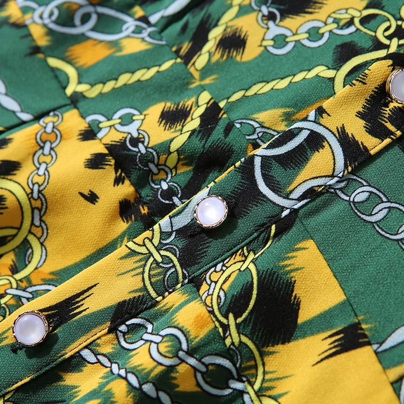 Summer Office Lady Green Yellow Flower Elegant Chain Print Women Dress Casual High Waist Floral Print Party Vintage Female Dress