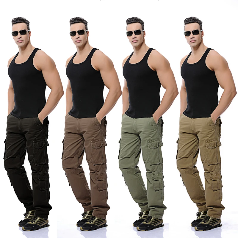 Осень, мужские брюки-карго, армейский зеленый цвет, с большими карманами, украшенные, повседневные, легко стирающиеся, мужские тактические брюки, размер 28 44 46