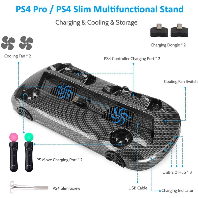 Ams-вертикальная подставка для PS4 Pro/Slim с двойным охлаждающим вентилятором, PS Move зарядное устройство/двойной контроллер зарядная станция, 3 USB порта концентратор