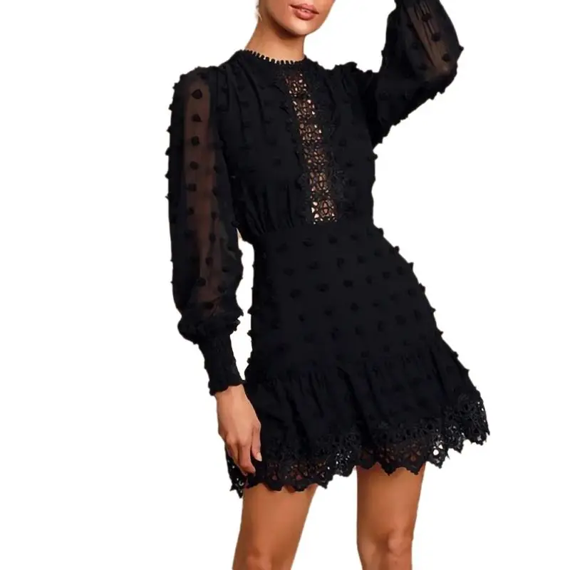 

Sexy Pom Poms Women Black Lace Party Dresses Autumn Winter Long Sleeve Boho A Line Ruffle Dress