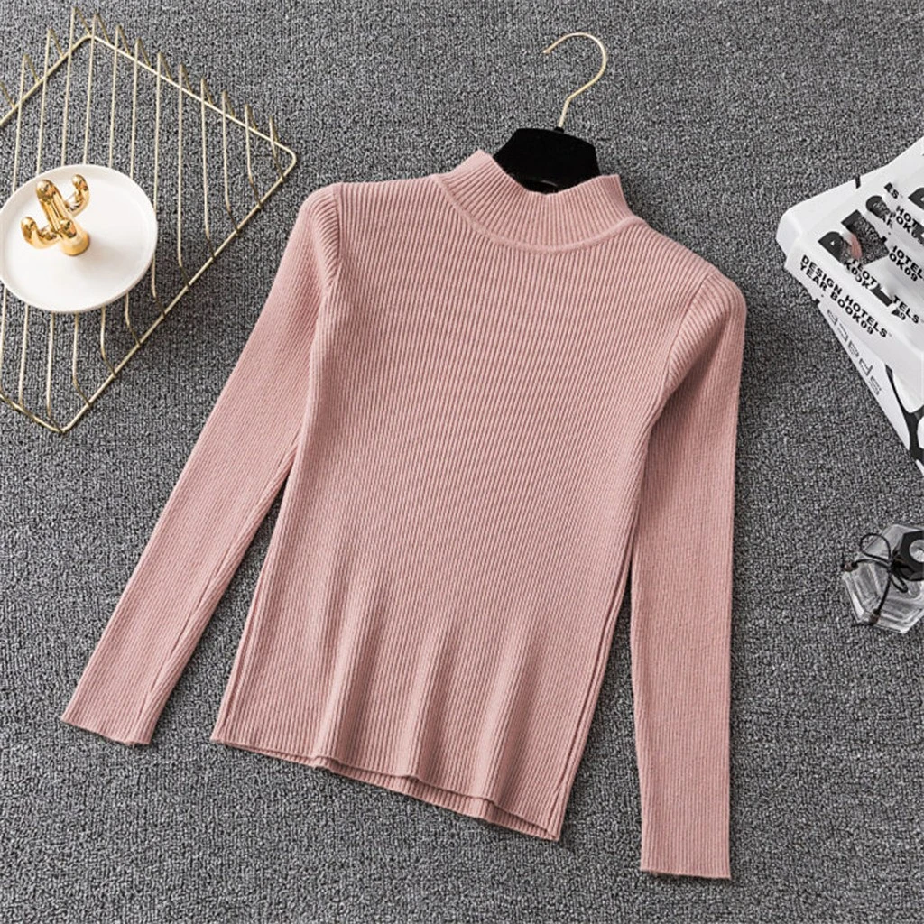 Fashion Blouse Women Top Korean Harajuku Long-sleeved Knitting Shirt  Solid Color Slim Semi-High Collar Elegant Shirts 826