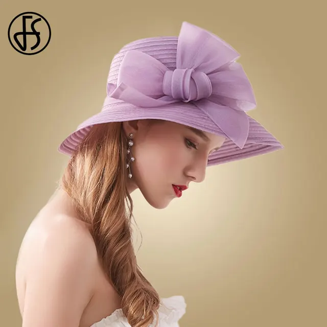 FS Pink Wide Brim Hats For Women Caps Ladies Fascinators Fedora Hat Flower Wedding Church Party Beach Sun Hats Light Purple