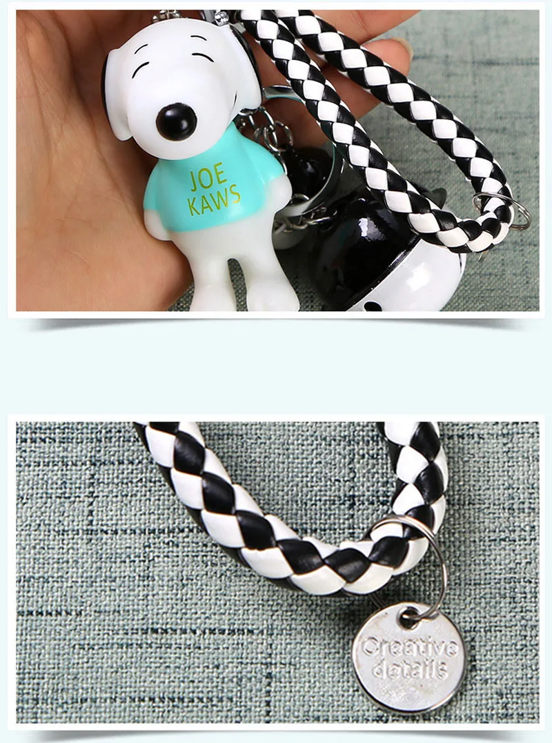 Snoopy Silicone Action& Toy Figures Doll Keychain Bell Leather Rope Cartoon Dog Snoopy Key Chain Ring Pendant Women Bag Pendant