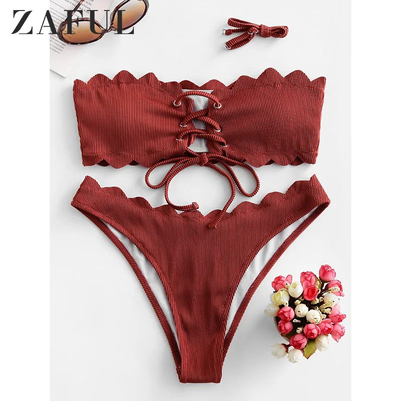  ZAFUL Women Summer Bikini Scalloped Textured Bikini Set Bandeau Beachwear Lace Up Lady Swimwear Hal