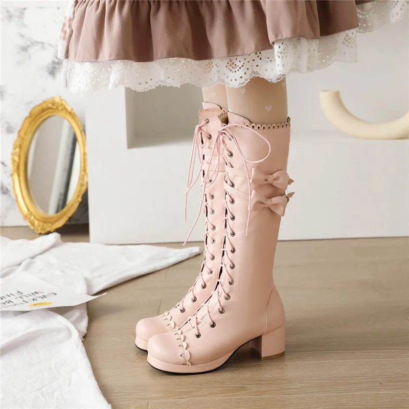 

YQBTDL White Black Pink Cosplay Mid-calf Boots for Womens Sweet Lolita Shoes Girl Princess Autumn Winter Long Botas Plus Size 43