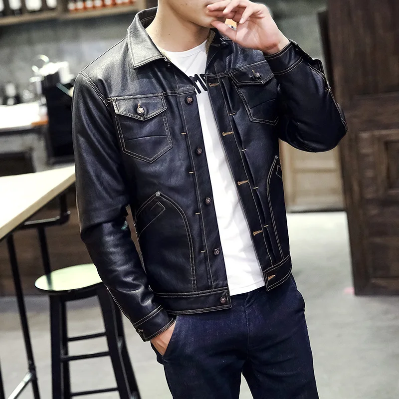 

Men Trend Leather Coat Fold-down Collar Youth Autumn & Winter Leather Jacket Multi-pockets Slim Fit PU Leather Hair
