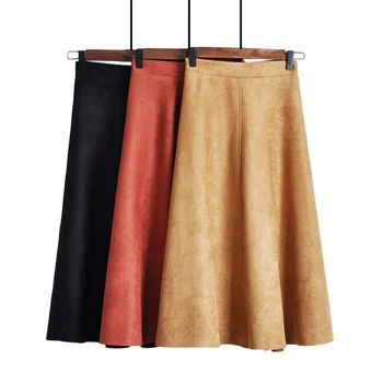 

Women Suede High Waist Midi Skirt 2019 Winter Vintage Style Elastic Ladies A Line Black Green Flare Fashion Skirt