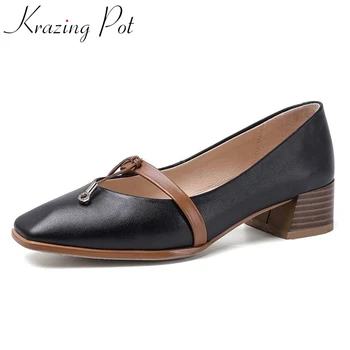 

Krazing pot plus size natural leather square toe med heel Korean street sweet girls rhinestone bowtie slip on shallow pumps Laf5
