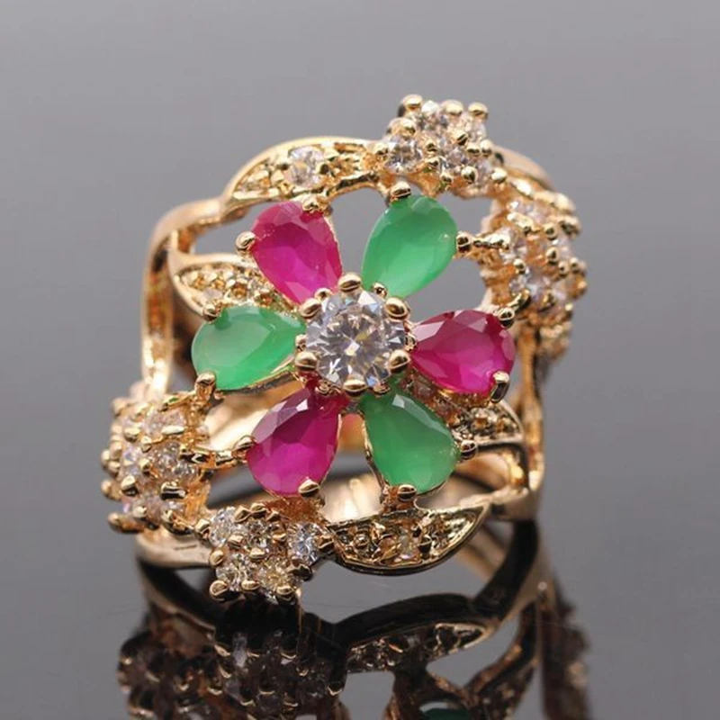 

Exquisite Green&Red AAA Cubic Zirconia Gem Flower Finger Ring for Women Engagement Fashion Jewelry
