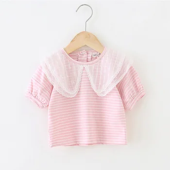 

clothes t-shirt boys clothes Summer children's T-shirt Korean solid lace collar stripe girls' bottoming shirt boys t shirts