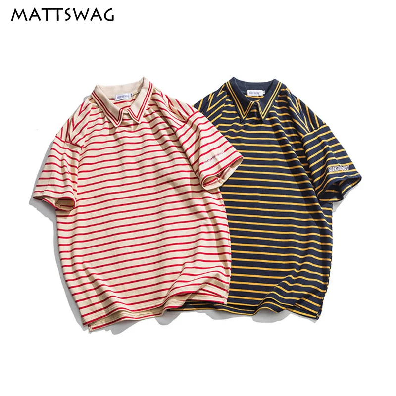 Мужская рубашка поло в полоску MATTSWAG Повседневная Свободная с отворотом и