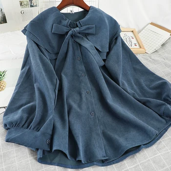 

turn-down collar women shirts 2020 autumn new bow neck lantern sleeved solid loose office lady elegant shirts outwear tops