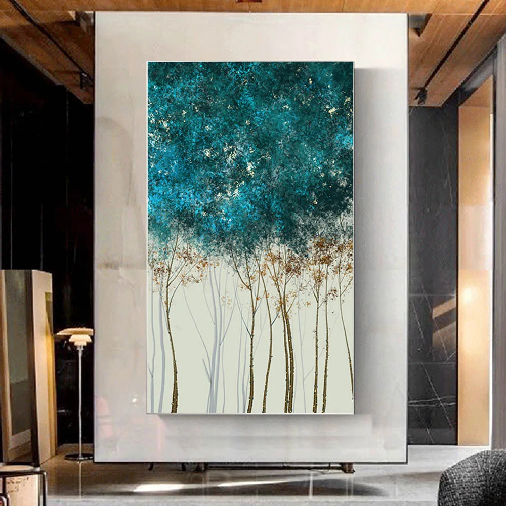 DDHH большой размер Счастливое дерево синий и золотой желтый холст искусство на