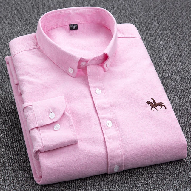 100% Cotton Oxford Shirt Men's Long Sleeve Embroidered Horse Casual Without Pocket Solid Yellow Dress Shirt Men Plus Size 5XL6XL Pink