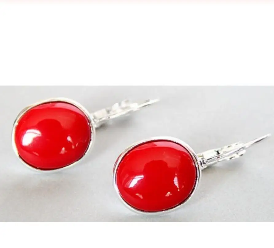 

Hot Sell lady's handmade 925 Silver red coral Leverback Earrings 1 1/10" valentine's Natural bread silver big earrings