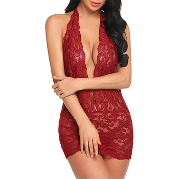 

Women Lace Lingerie Nightwear Underwear Babydoll Sleepwear Deep V Neck Hollow out Nightdress HSJ88