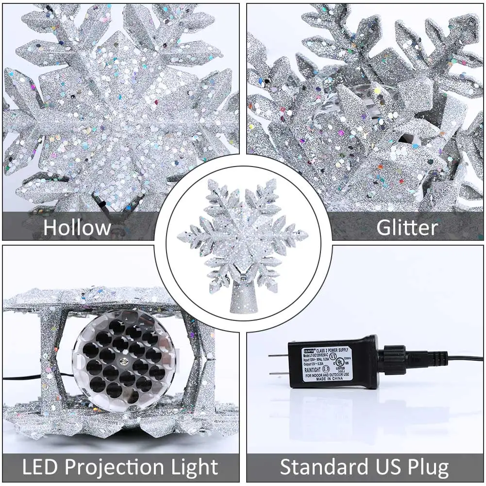 OurWarm Christmas Tree Topper Lighted with White Snowflake Projector Rotating 3D Glitter Lighted Christmas Decorations for Tree