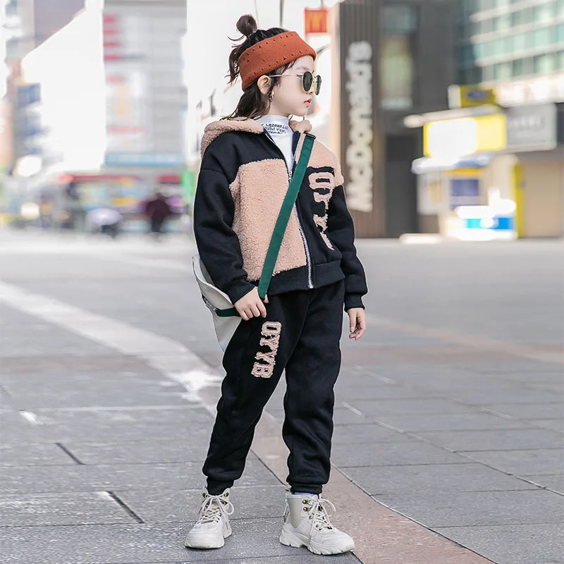 

Children Tracksuit For Girls Clothes Thicken 2020 Winter Kids Sets Letter Hooded Tops Casual Pants 2 Pcs Autumn Teens Suit 10 Y