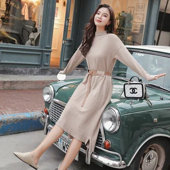 

Knitted Dress Autumn And Winter 2020 New Solid Color Women's Mid-length Inner Sweater Over The Knee Slim dress