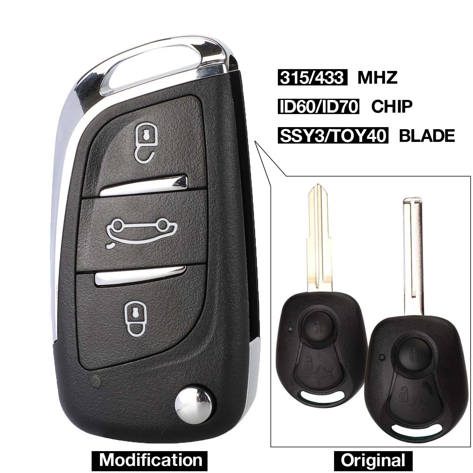 KUTERY 3 BUTTONS FOR SSANGYONG REMOTE CONTROL KEY WITH ELECTRONICS 315 433 MHZ ACTYON KYRON REXTON KORANDO UNCUT BLADE CAR KEYS