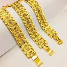 HOYON-pulsera con revestimiento de oro de 24K para hombre y mujer, brazalete de cadena de reloj ancho, Color oro amarillo puro, joyería fina
