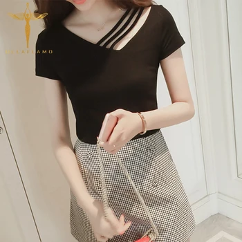 

White T-shirt Summer Women's Korean Slim Openwork V-neck Short-sleeved Shirt Solid Color Bottoming Shirt White T-shirt Women