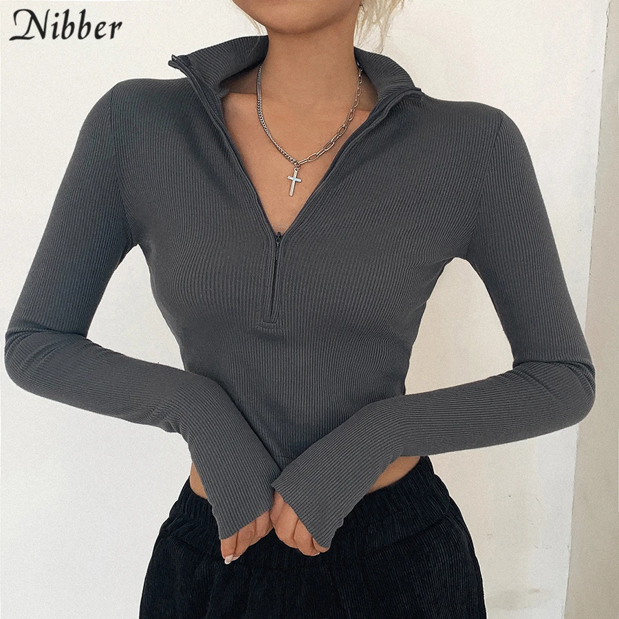 

NIBBER solid color casual T-shirt women long sleeves turtleneck crop tops sexy simple style party club 2020 spring summer new