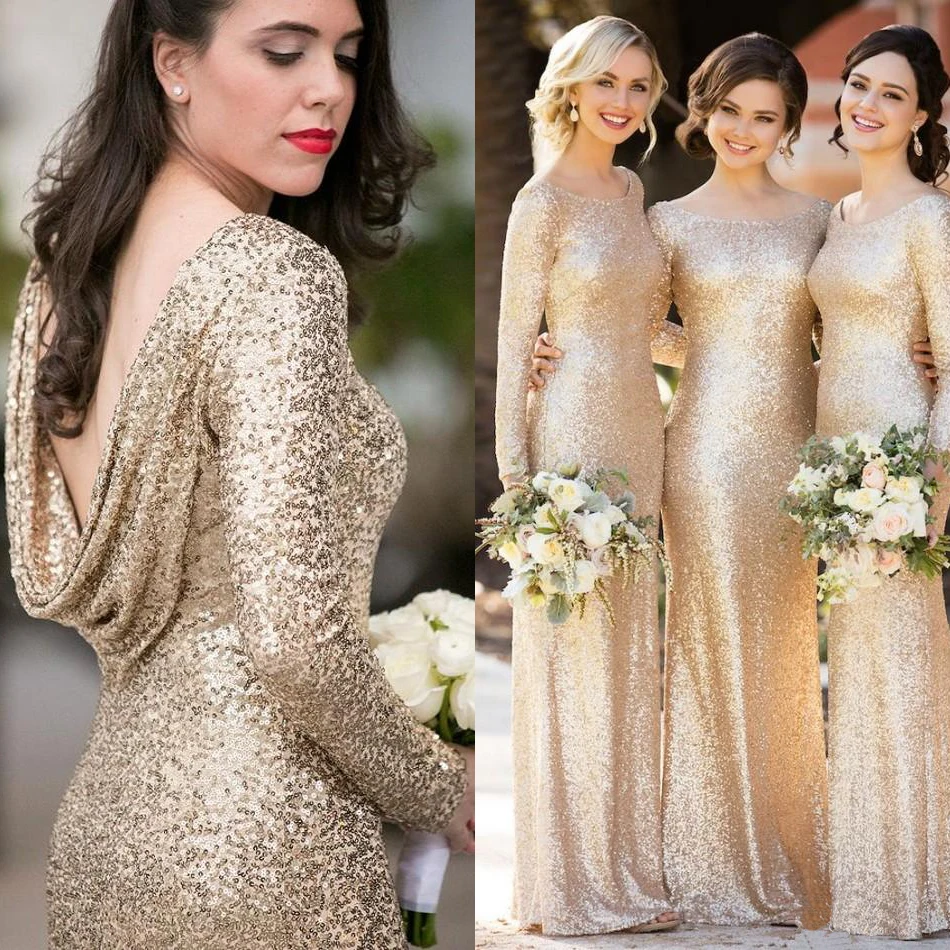 Winter Bridesmaid Dresses Sequins Champagne Long Sleeves Cheap Blush Long Sheath For Bridal Party Guest Dress For Women vestidos - Цвет: Шампанское