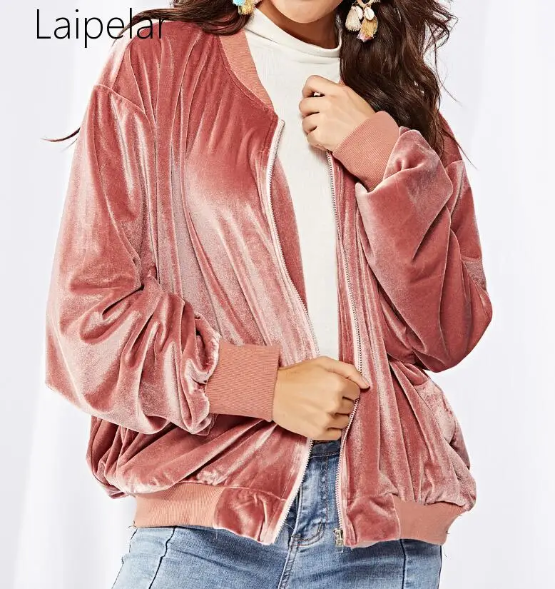 low cost  Laipelar High Street Pink Velvet Bomber Jacket Women Fashion Loose Velour Baseball Jacket Pocket Sh