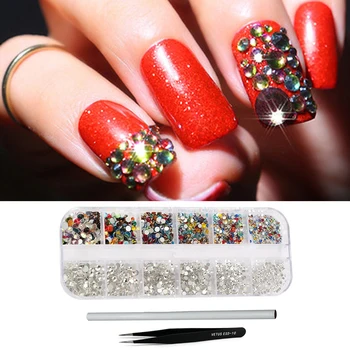 

12-Grids Flatback Rhinestones Diamonds Crystals Charms with Pick Up Pen and Tweezer for Nails Crafts DIY Nail Art Decorations