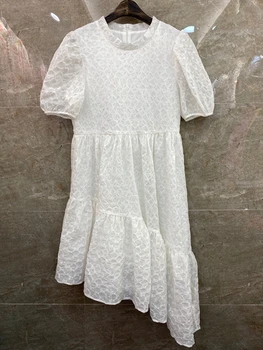 

2020 Spring and Summer New Women's round Neck Plain Decorative Hem Ruffled Splicing Big-Short-Sleeve Dress 515