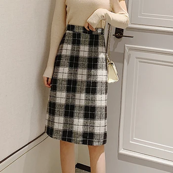 

Vintage Long Midi Skirts Women Harajuku Plaid Pencil Skirts Korean Office Lady Zipper Autumn Wool Skirt Warp High Waist W418