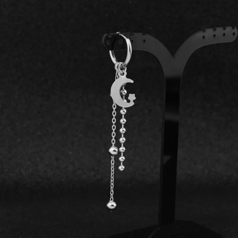 Idol Korean Boys Stainless Steel Punk Stud Earrings Moon Star Long Chain Pendant Women Men Rock Hip Hop Hipster Grunge Ear Clip stud earrings chain ear clips pendant earrings long earrings