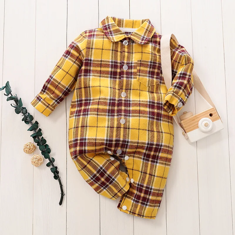 

2019 Spring and autumn newborn baby costumes plaid gentleman 0-1 year old baby crawling out clothes baby clothes