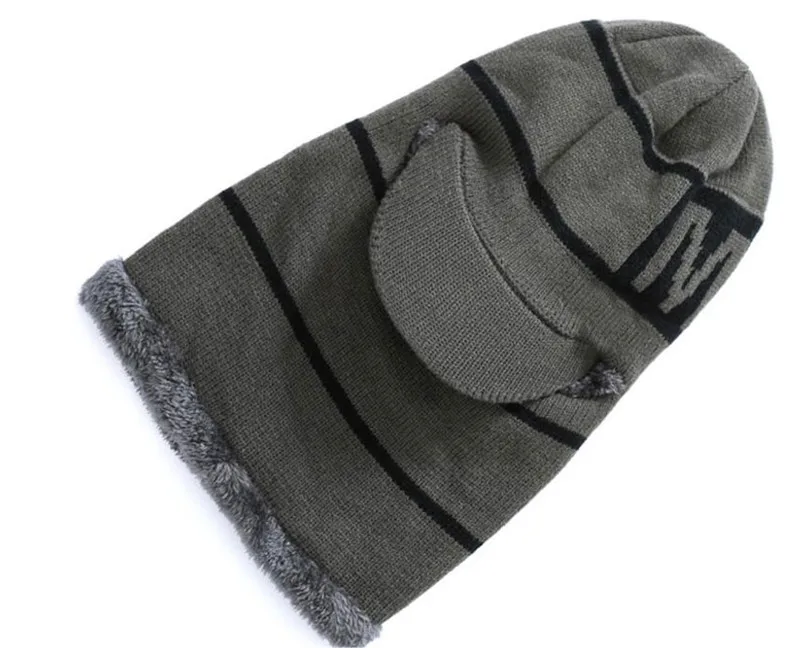 Winter Men Hat And Scarf Set Male Warm Plush Hooded Cap Scarves With Brim Knit Visor Beanies Balaclava Adult Stripe Bonnet