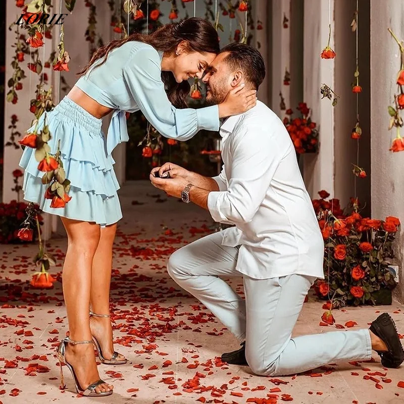 

LORIE весенние супер короткие платья для выпускного вечера с длинным рукавом синие Бальные вечерние платья с многоярусной шифоновой юбкой на...