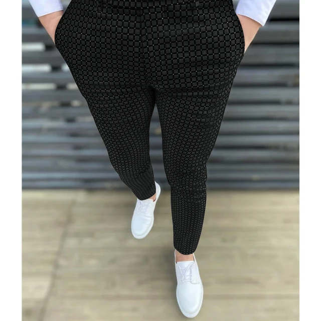 New Plaid Spot Pants For Men Fashion Business Casual Long Trousers Men Suit Pants Wedding Party Dress Social Clothing Breathable Black